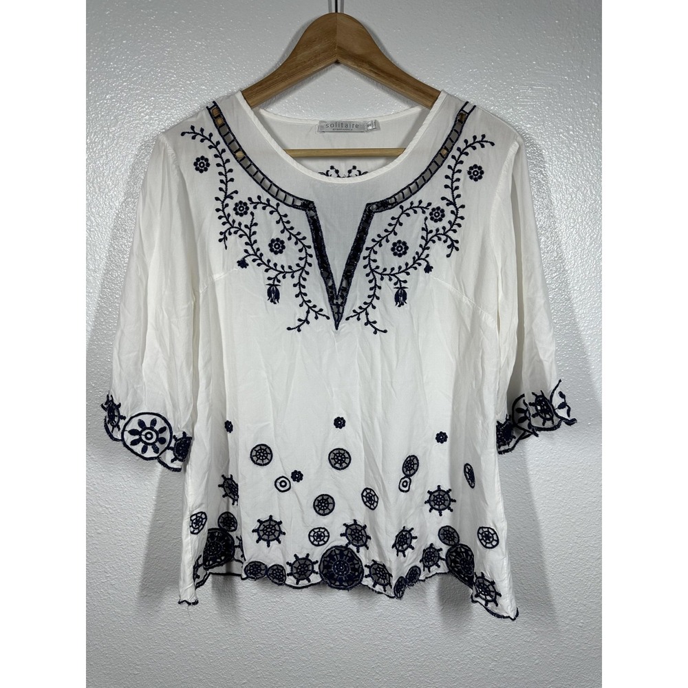 Solitaire by Ravi Khosla Shirt Womens Small‎ White Blue Embroidered Boho Peasant
